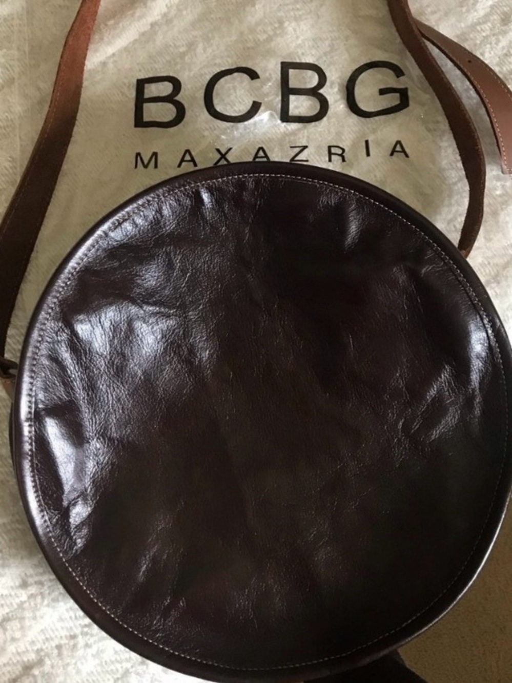 Leather Two-Tone Brown & Beige Calf Hair Round Canteen Crossbody Bag - Picture 3 of 8